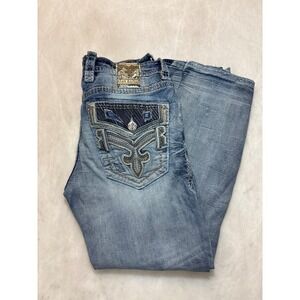 Rock Revival Mens Jeans Straight Leg Light Wash Distressed Denim Size 36